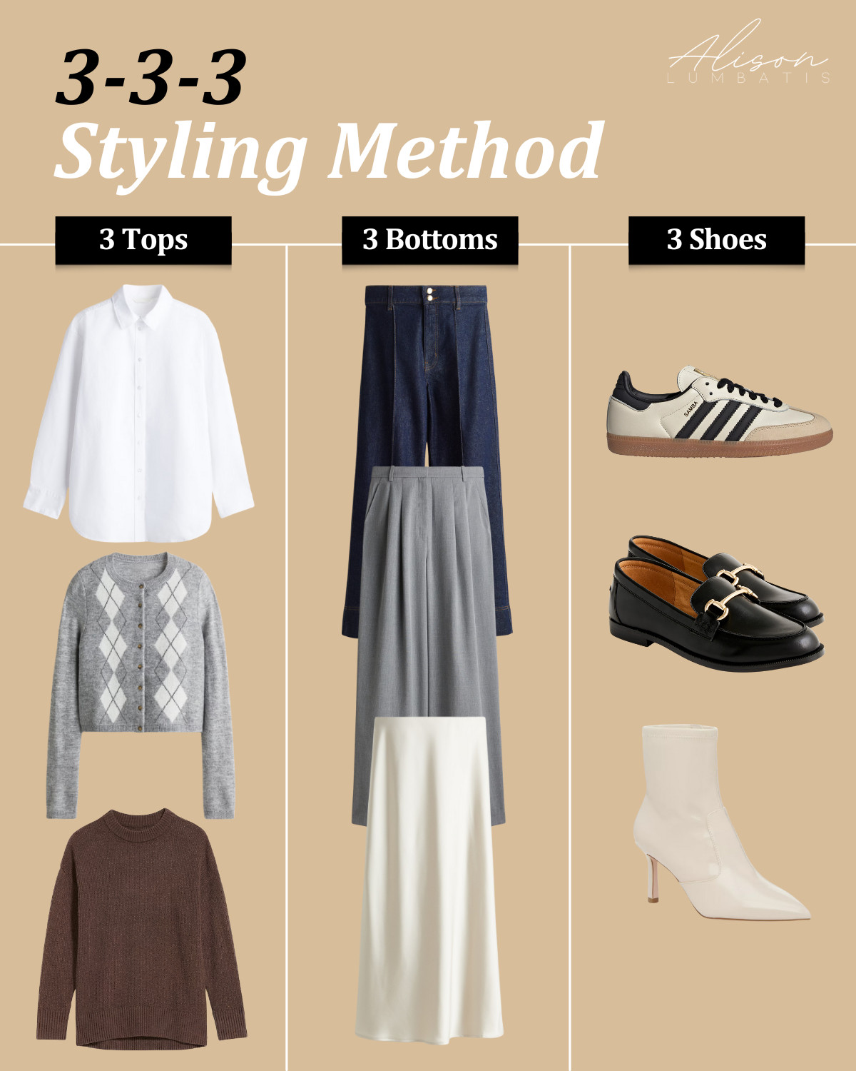 This is your sign to go into your closet and try the 333 method! 👚👖👡

All you do is pick out 3 bottoms, 3 tops, and 3 pairs of shoes from your closet. Then mix and match them into as many outfits as possible.

Doing this trains your brain to see new combinations in what you already own. Because 9 times out 10, the reason getting dressed feels hard isn’t because you don’t have enough clothes—it’s because you haven’t practiced styling them. 

 #LTKootd #LTKSeasonal #LTKOver40