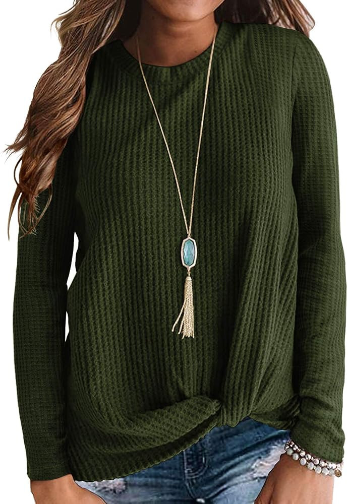 Neineiwu Womens Casual Tops Long Sleeve Cute Twist Knot Waffle Knit Shirts Loose Blouse | Amazon (US)
