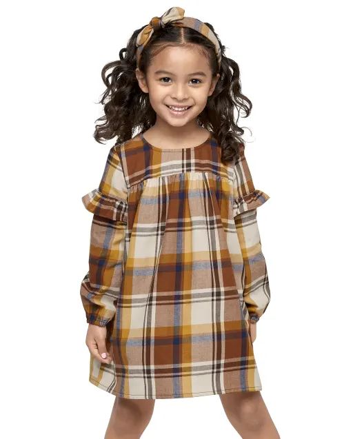 Toddler Girls Long Sleeve Plaid Knit Ruffle Dress | The Children's Place  - GINGER BREAD | The Children's Place