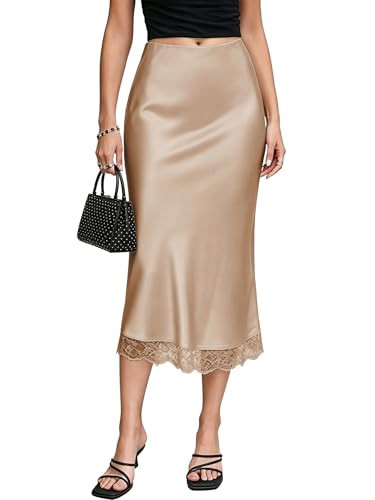 Women's Satin Lace Hem Midi Skirt Elastic High Waist Silk A-Line Flared Fishtail Casual Long Skirts for Women Trendy Champagne | Amazon (US)