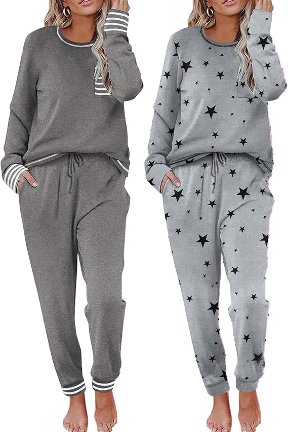 Ekouaer 2 Pack Womens Pajama Sets Long Sleeve Lounge Set Soft Pj Loungewear | Jogger Pants with D... | Amazon (US)