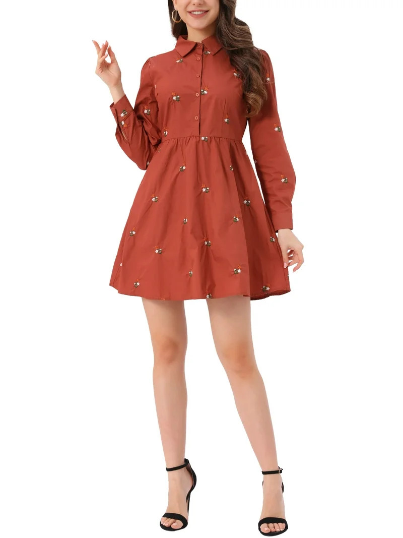 INSPIRE CHIC Women's Dress Long Sleeves Turn Down Collar Button Floral Mini Shirt Dress Brick Red... | Walmart (US)