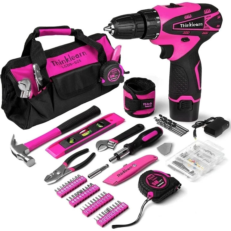 ThinkLearn Pink Drill Set for Women, 137 Piece Hand and Power Tool Set with 12V Cordless Drill | Walmart (US)