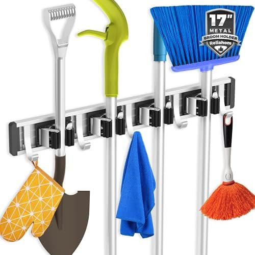 HOME IT Mop And Broom Holder Wall Mount - Garage Storage Systems with 5 Slots, 6 Hooks, 7.5lbs Ca... | Amazon (US)