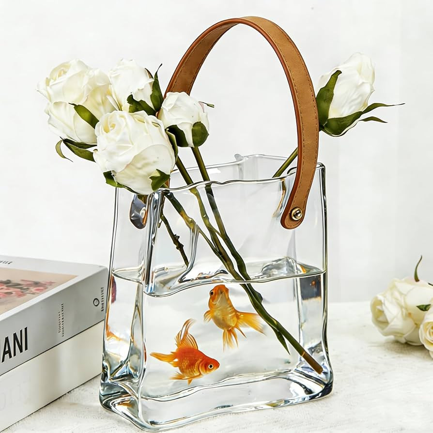 Glass Bag Vase for Flowers, Unique Purse Vases with Leather Handle, Decorative Wrinkle Handbag Sh... | Amazon (US)