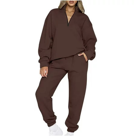 QUYUON Women Joggers Sets - Womens Sweatsuits Sets 2 Piece Outfits Solid Long Sleeve Half Zip Sweatshirts with Joggers Sweatpants Coffee XL | Walmart (US)