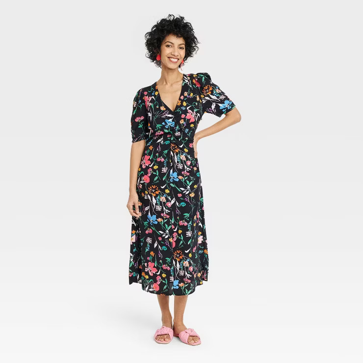 Women's Puff Short Sleeve Ruched A-Line Dress - A New Day™ Black Floral | Target