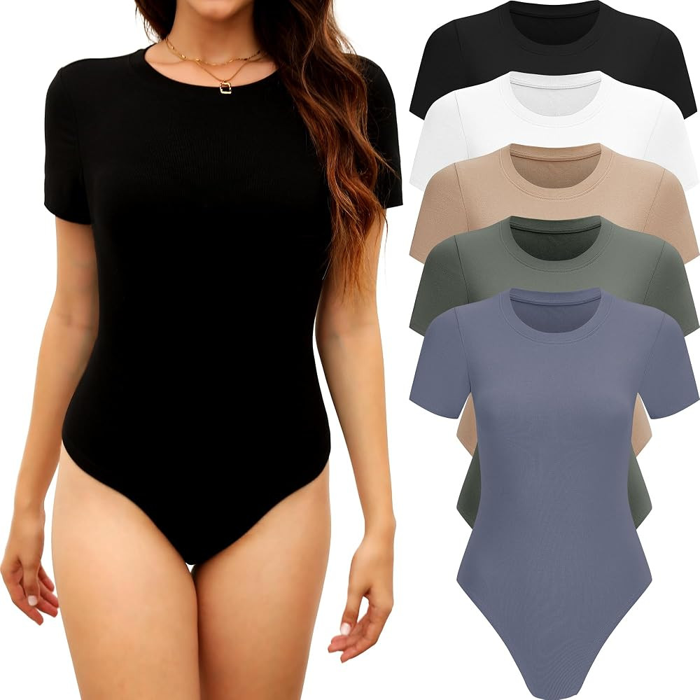5 Pack Short Sleeve Bodysuits - Women's Crew Neck T Shirt Bodysuits for Daily Casual Wear | Amazon (US)