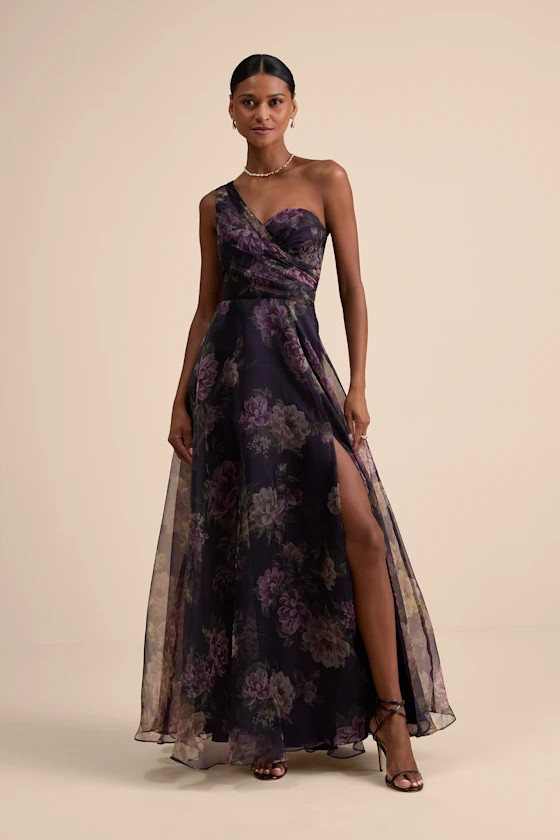 Truly Extraordinary Plum Floral Organza One-Shoulder Maxi Dress | Lulus