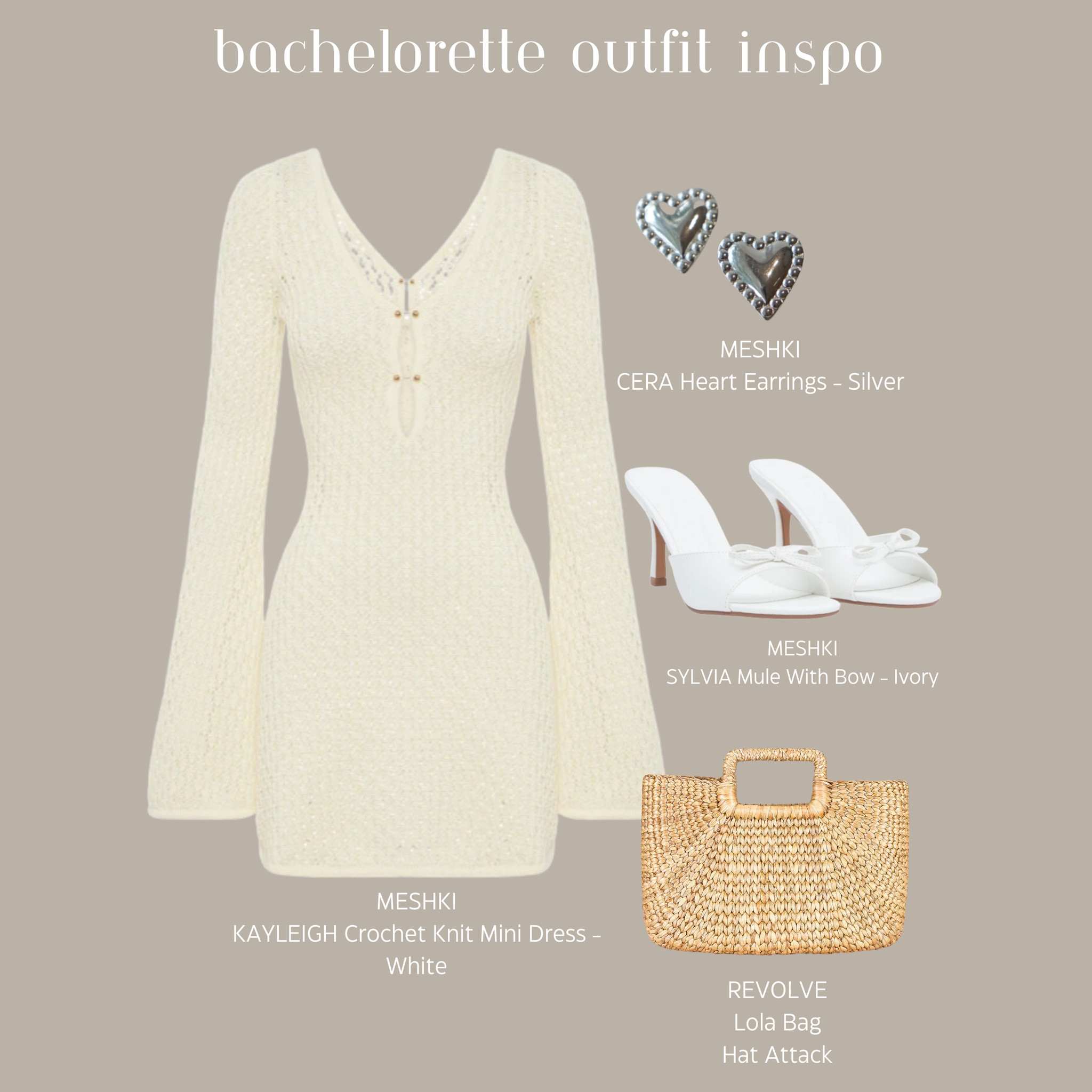 Bachelorette outfit Inspo look #4 🤍

Items- 
Meshki- Kayleigh crochet knit mini dress 
Meshki- Cera heart earrings
Meshki- Sylvia mule with bow
Revolve- Hat Attack- Lola bag














Fashion, fashion Inspo, fashion looks, outfit Inspo, outfit ideas, bachelorette, bachelorette dress, bachelorette outfit, bachelorette outfit Inspo, bachelorette outfit ideas white mini dress, white Mules, silver earrings, wicker bag, heart earrings, knit dress

#LTKstyletip