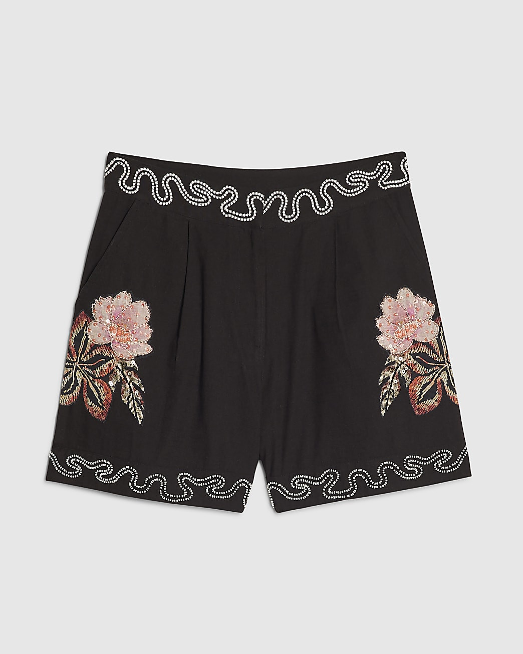 Black Beaded Floral Shorts | River Island UK & IE