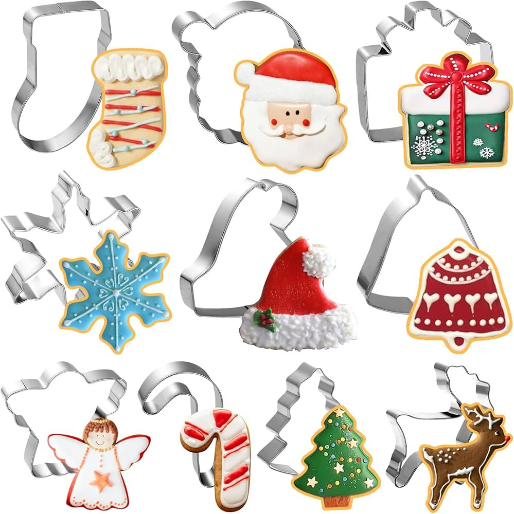 10 Pcs Christmas Cookie Cutters Set - Food-Grade Stainless Steel Cookie Cutter Christmas Shapes w... | Amazon (US)