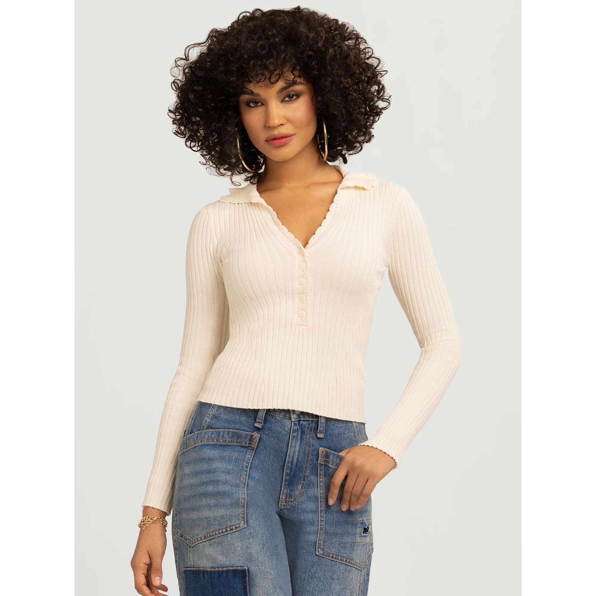 Jessica Simpson Women's and Women's Plus Luanne Polo Sweater with Long Sleeves, Lightweight, Size... | Walmart (US)