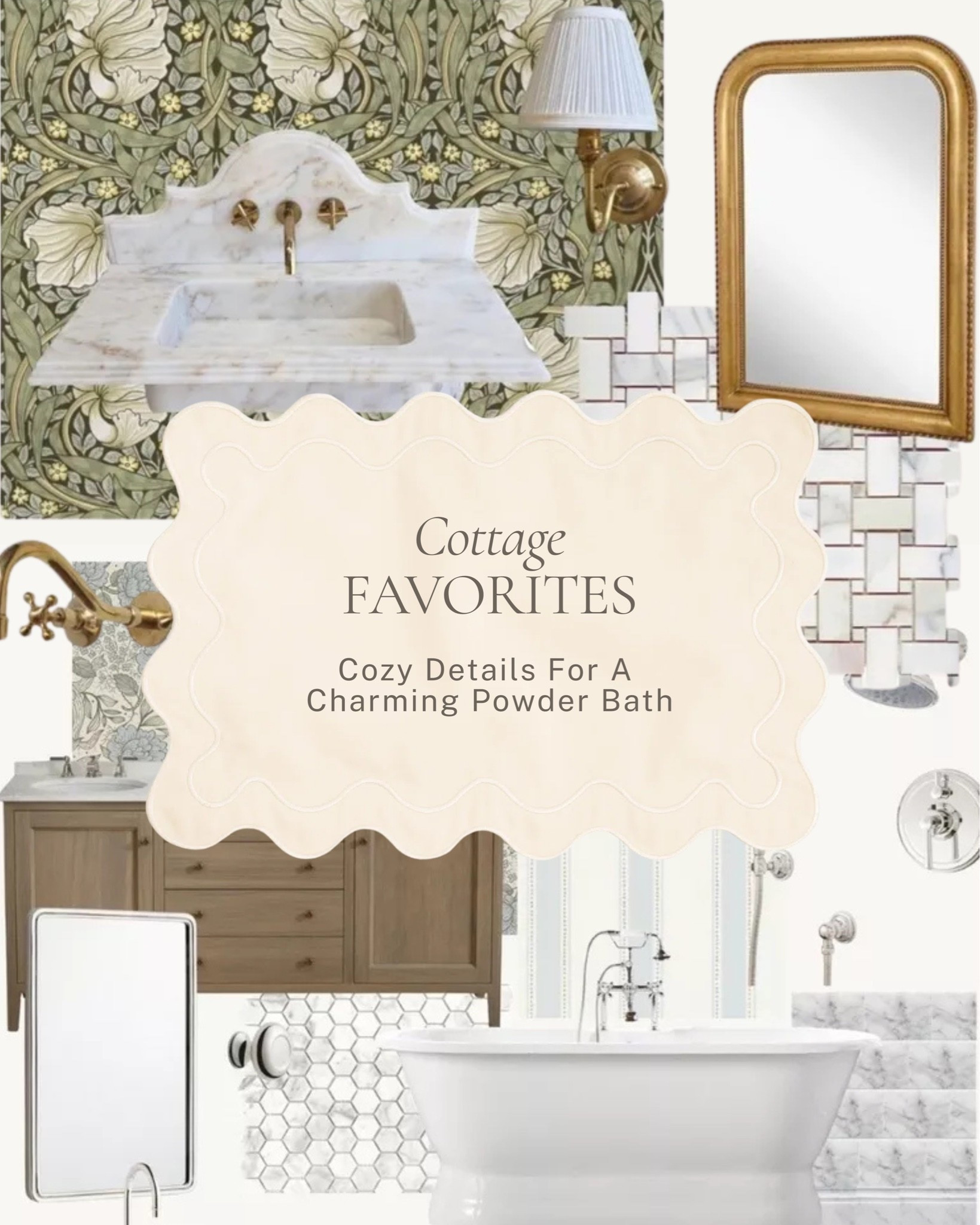 The powder bath is one of the best rooms in a home to take a design risk ✨ 

A few cottage favorites for a charming, character-filled space, botanical wallpaper, marble details, unlacquered brass fixtures, and a gilded mirror that ties it all together. 

All linked here 🤍 

#LTKhome