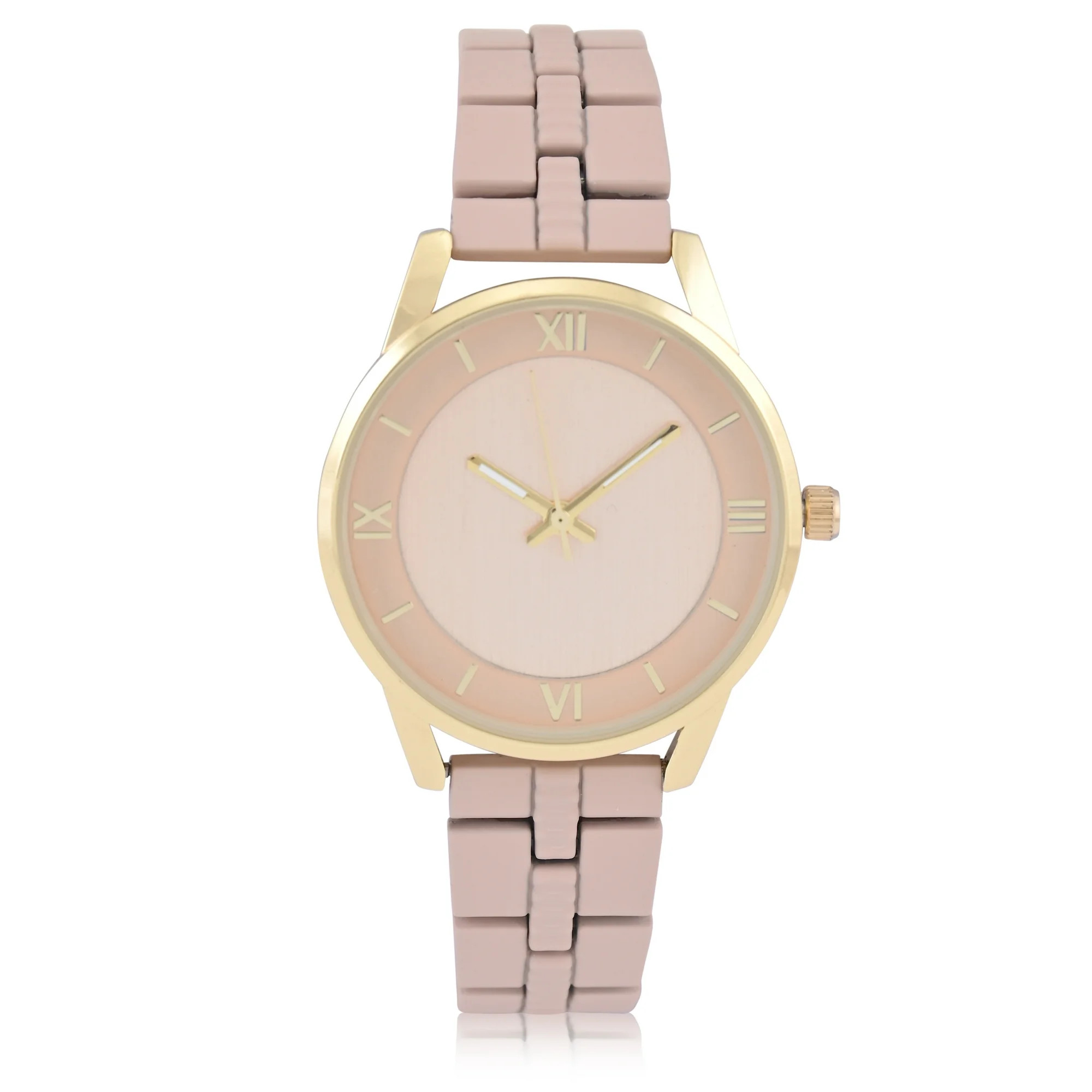 Time and Tru Adult Women's Gold-Tone Round Case Wristwatch with Light Pink Faux Ceramic Link Brac... | Walmart (US)