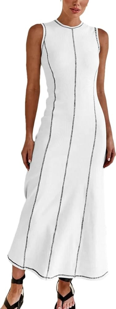 Women's Drop Waist Maxi Dress Knit Sleeveless Maxi Tank Dress Crewneck T Shirt Long Dress Striped... | Amazon (US)