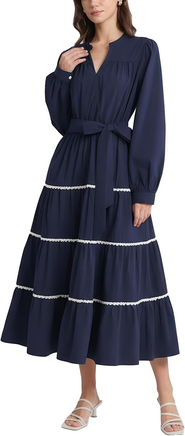 D-Sun Navy Blue Maxi Dress Women Belted Tiered Ruffle Flowy Long Dresses with Pockets for Church/Weeding/Party | Amazon (US)