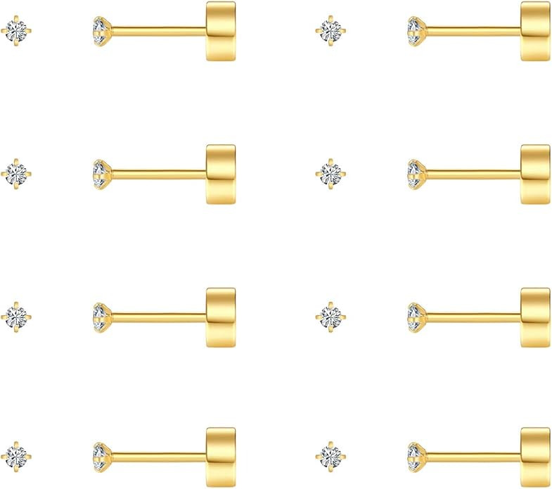 8 Pairs Tiny Flat Back Earrings for Women Men 14K Gold Plated Surgical Stainless Steel Stud Earri... | Amazon (US)