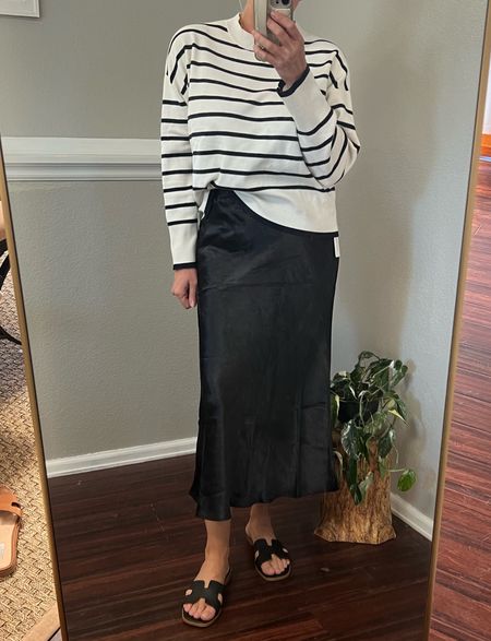 Spring outfit. Satin skirt, striped sweater. Skirt drapes so beautifully, high quality. Comes in several colors and in this maxi length as well as midi and mini lengths. Let me know if you have questions 👇🏼. #springoutfit #chicspringoutfit #outfitover40 #satinskirt 

#LTKstyletip #LTKover40 #LTKfindsunder100
