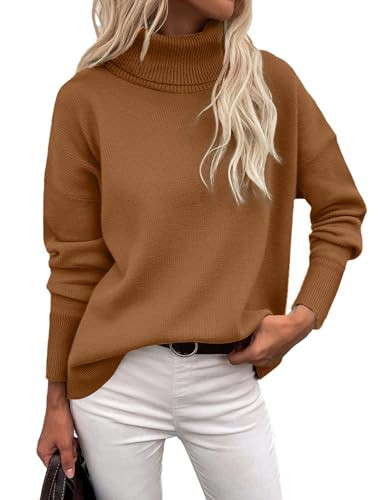 Zeagoo Women's Turtleneck Sweater 2026 Fall Winter Chunky Knitted Pullover High Low Hem Trendy Basic Jumper Top Brown | Amazon (US)