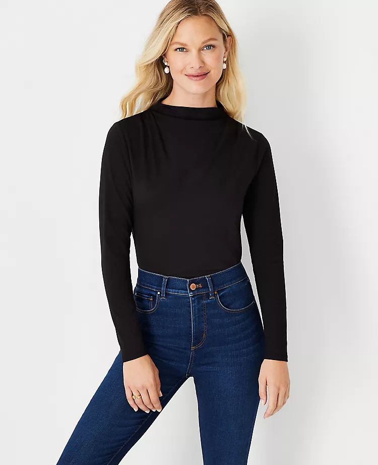 Petite Refined Stretch Draped Mock Neck Top | Ann Taylor (US)