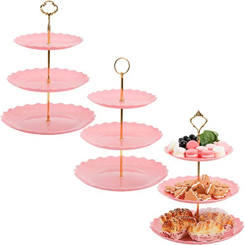 Tosnail 3 Pack 3 Tiers Pink Plastic Cupcake Stand Dessert Stand Tiered Serving Trays with 3 Styles Gold Rod, Party Serving Trays Fruit Pastry Holders for Wedding and Party - Heart and Flower Embossed | Amazon (US)