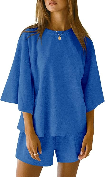 Tankaneo Womens Pajama Sets 3/4 Sleeve Oversized Tops and Elastic Waist Shorts Lounge Sets Lounge... | Amazon (US)