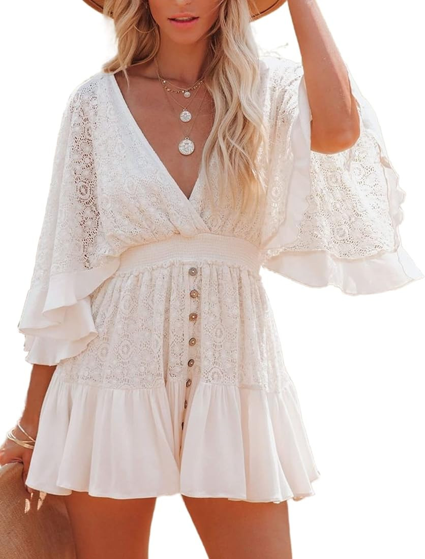 Kissonic Women's Summer Lace V Neck Dresses Batwing Sleeve Crochet Ruffle Mini Dress | Amazon (US)