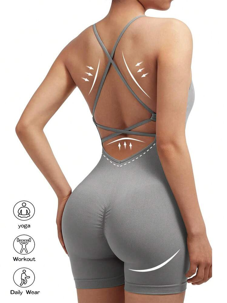 SHEIN Sport Slayoga Criss Cross Backless Cami Sports Romper | SHEIN USA | SHEIN