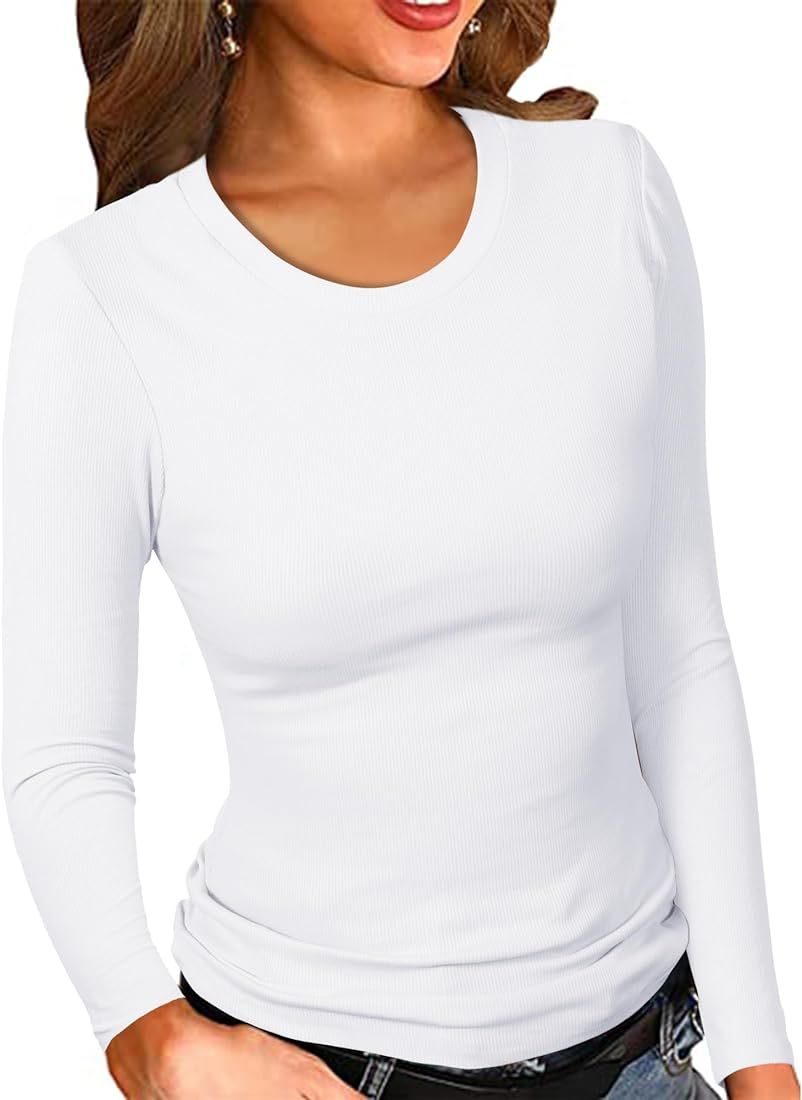 PALINDA Womne's Ribbed Round Neck Slim Fitted T Shirts Basic Solid Long Sleeve Layering Tee Tops | Amazon (US)