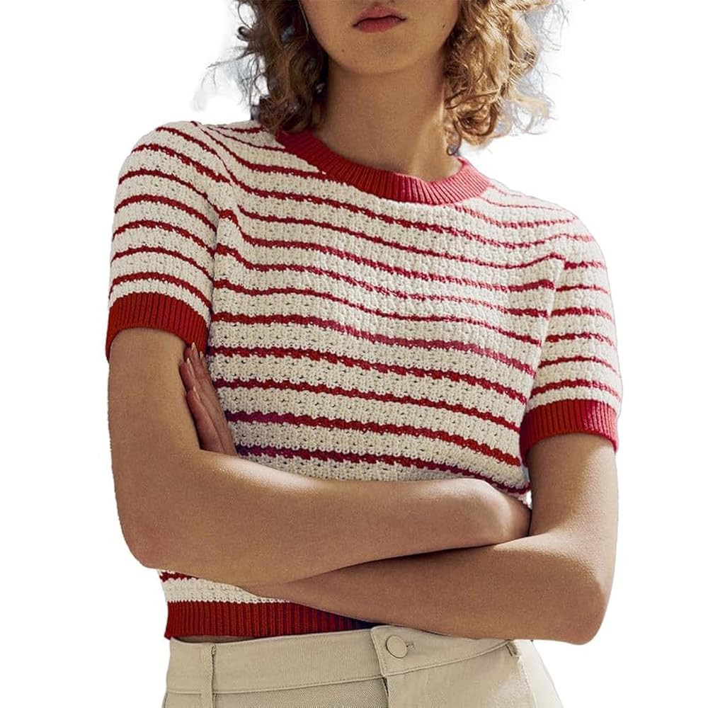 Women's Short Sleeve Sweaters Crewneck Knit Tops Casual Striped 2025 Trendy Soft Summer Blouses | Amazon (US)
