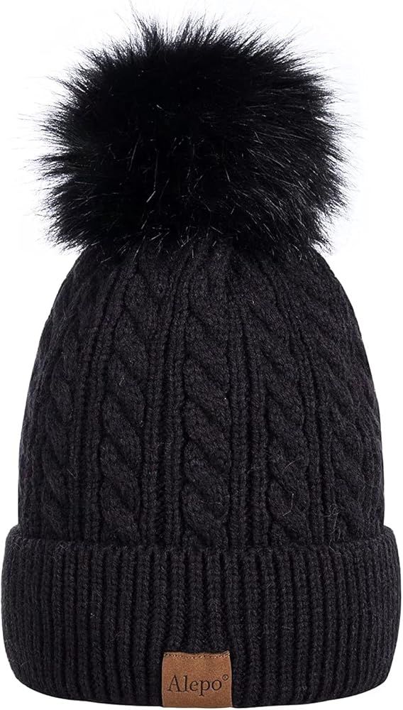 Alepo Womens Winter Beanie Hat, Warm Fleece Lined Knitted Soft Ski Cuff Cap with Pom Pom(Black) | Amazon (US)