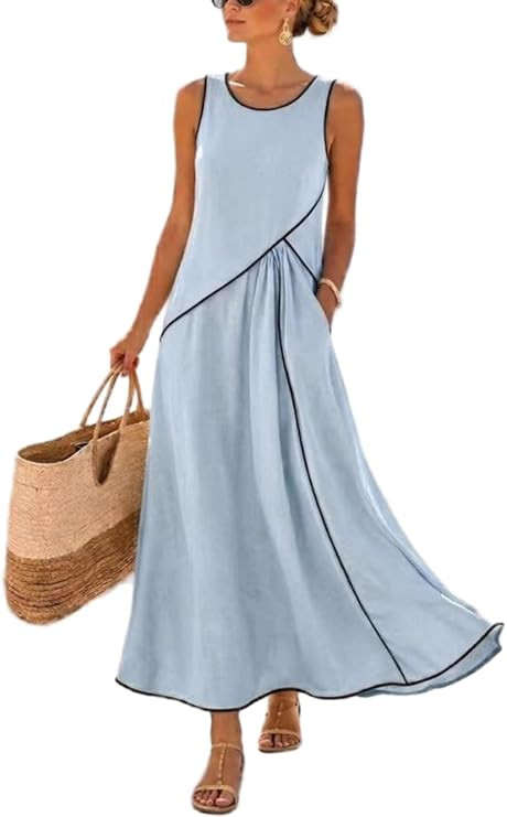 Women's Casual Sleeveless Midi Dress Pleated A Line Flowy Summer Beach Sundress with Pockets | Amazon (US)
