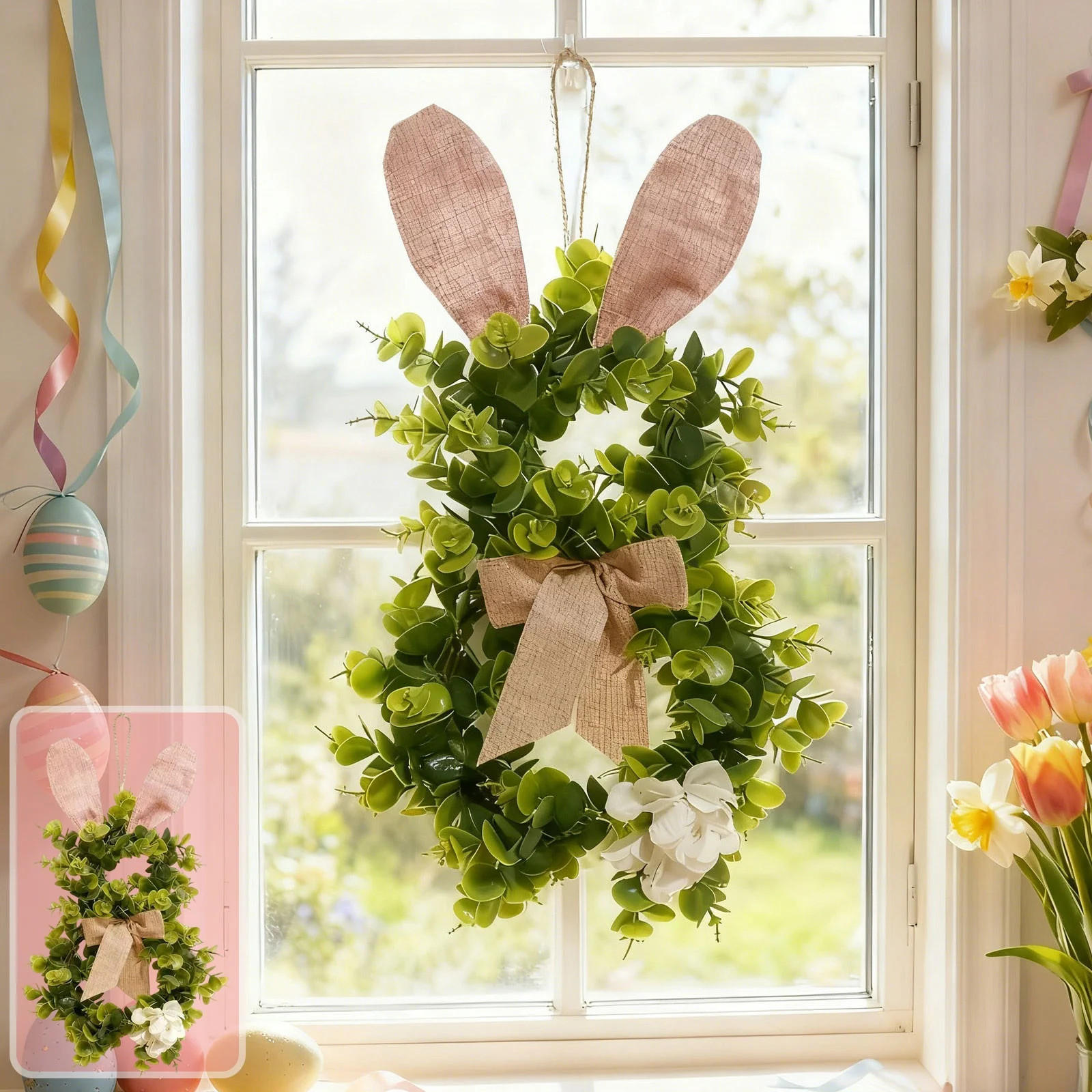 Easter Bunny Rattan Wreath for Front Door - Handwoven Natural Fiber Decorative Hoop with Pastel E... | Walmart (US)