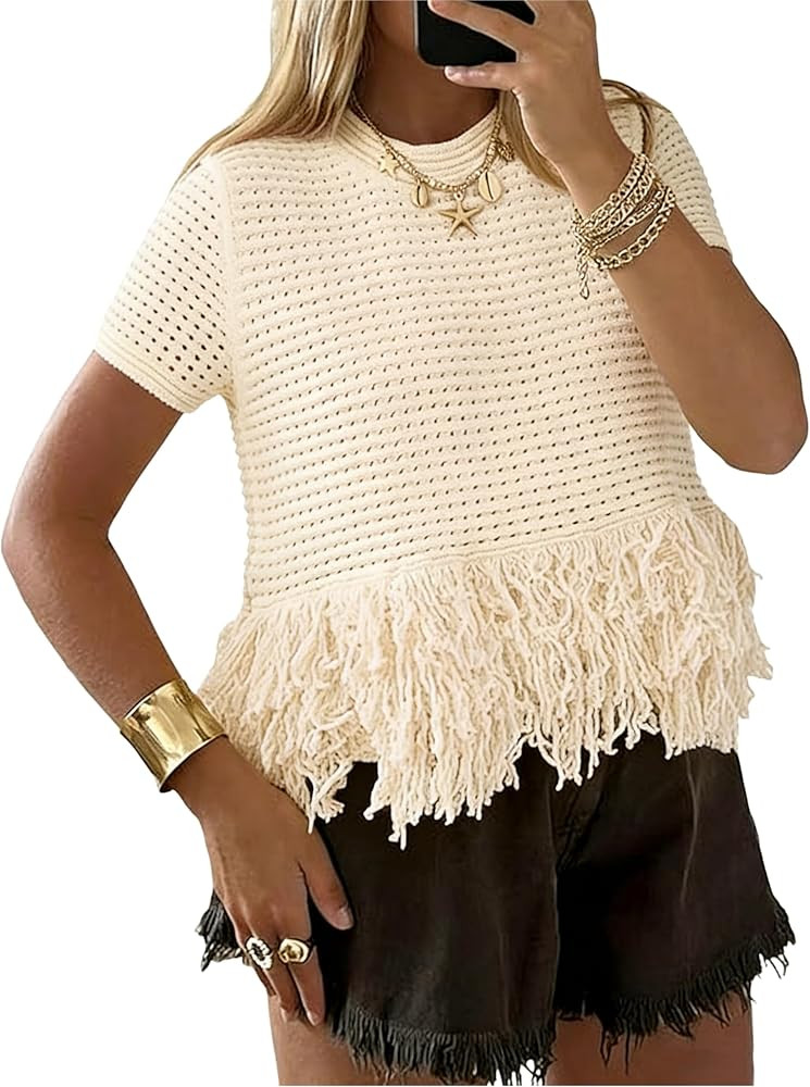 PUWEI Womens Short Sleeve Fringe Tops Crew Neck Boho Crochet Cropped Tops Summer Trendy Knit Swea... | Amazon (US)