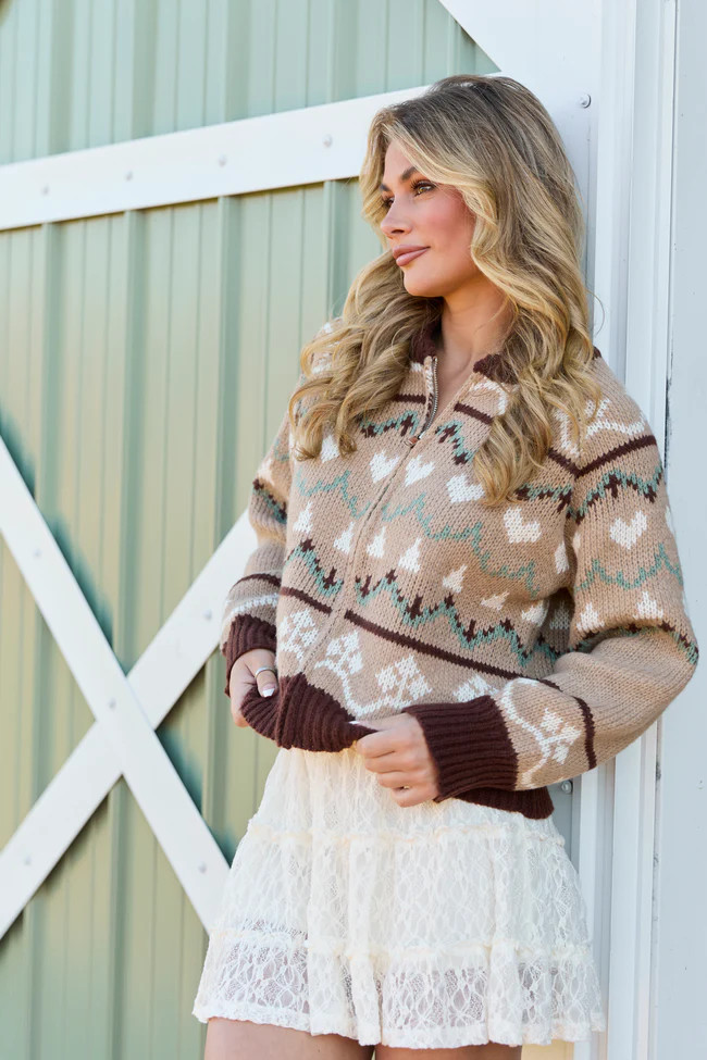 Renesme Brown and Taupe Fair Isle Zip Up Sweater | Pink Lily