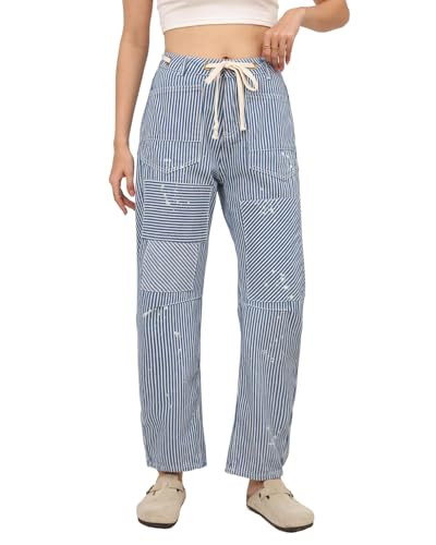 Kedera Barrel Jeans for Women Patchwork Striped Low-Slung Loose Wide Leg Cargo Baggy Pants Y2k Vintage Barrel Jeans Denim Pants Blue | Amazon (US)
