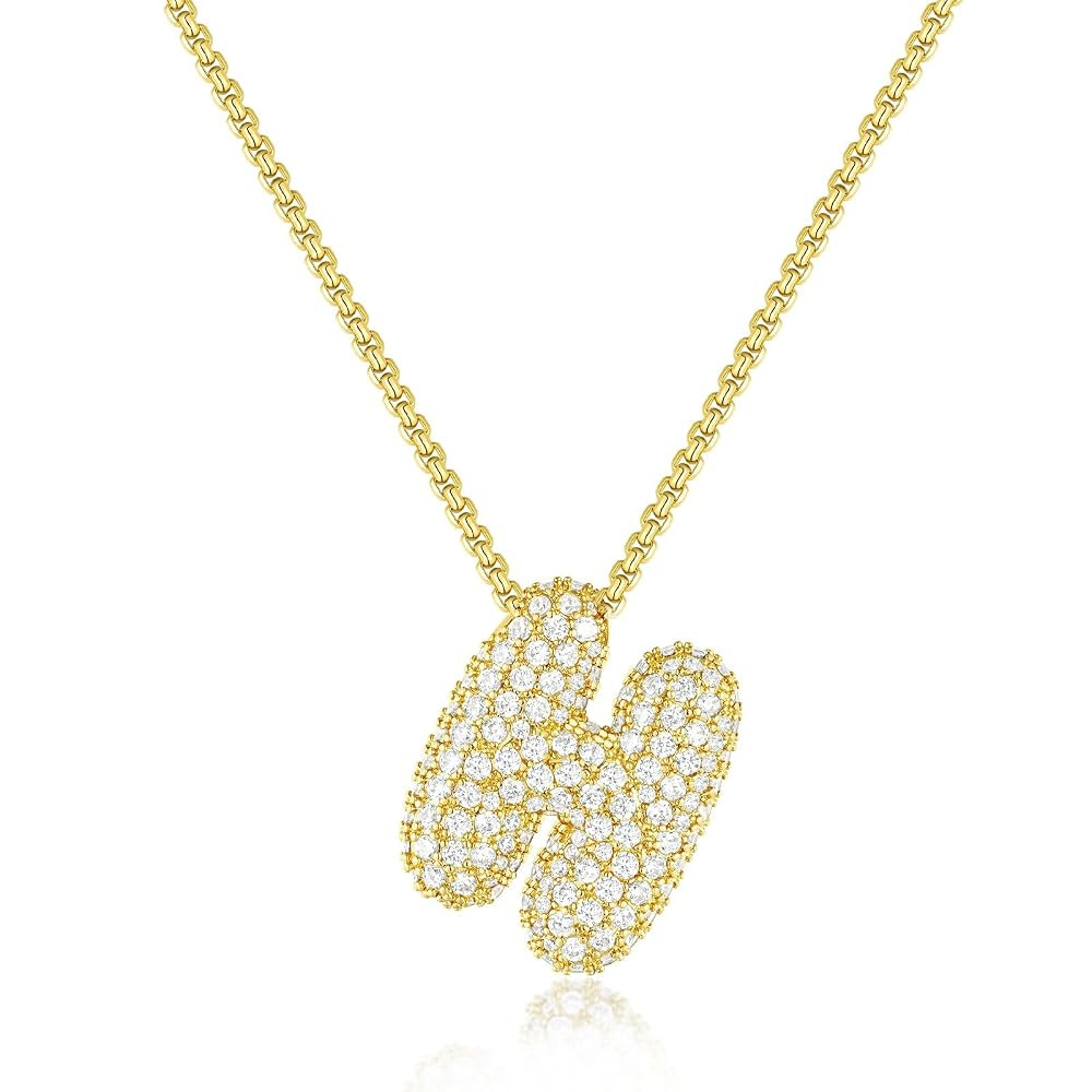 KissYan Bubble Letter Necklace, 14K Gold Plated Balloon Initial Pendant Box Chain Necklace Dainty... | Amazon (US)