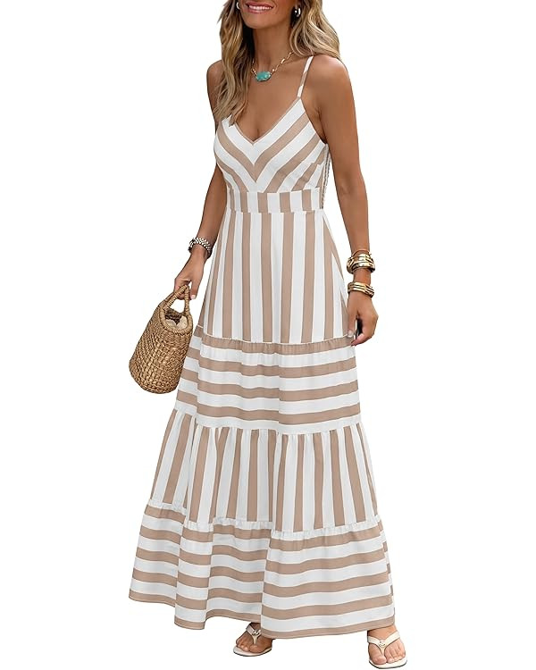 Caracilia Summer Maxi Dresses for Women Spaghetti Strap Back Smocked A Line V Neck Casual Long Dr... | Amazon (US)