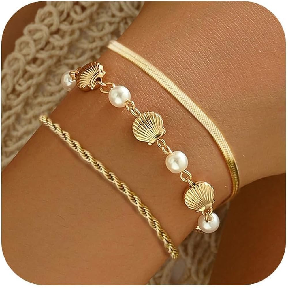 Gold Shell Bracelet Stack Dainty Gold Chain Bracelets Seashell Starfish Beaded Pearl Bracelet Boh... | Amazon (US)