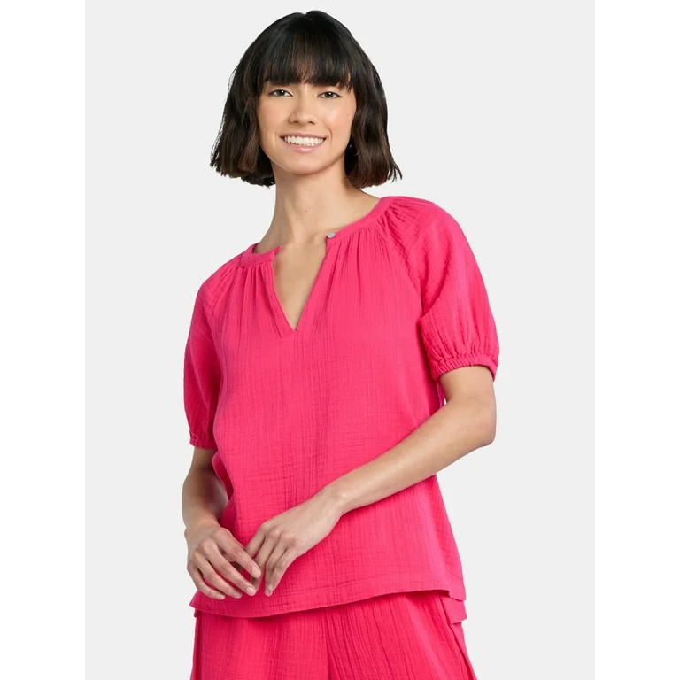 Time and Tru Women's Double Cloth Cotton Top with Short Sleeves, Sizes XS-XXXL | Walmart (US)