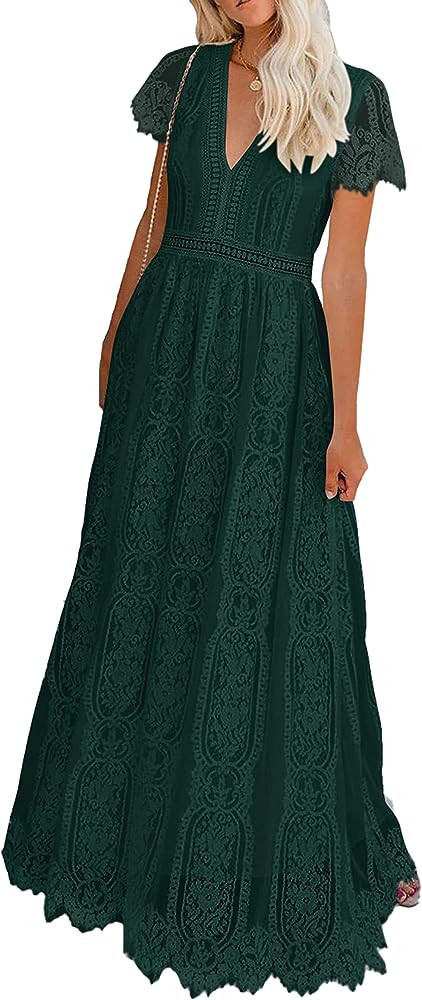 PRETTYGARDEN Women's Green Lace Dress Lace Maxi Dress Dark Green Dress Long Emerald Green Dress | Amazon (US)