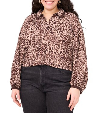 Plus Size Woven Cheetah Print V-Neck Long Sleeve Shirt | Dillard's