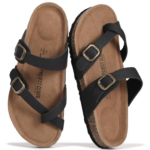 Project Cloud 100% Genuine Leather Womens Sandals -Lightweight Womens Slides Memory Foam Insole & Cork Footbed Sandals Women - Non-Slip Beach Essentials Summer Sandals for Women 2026 (Lian,BLK9) | Amazon (US)
