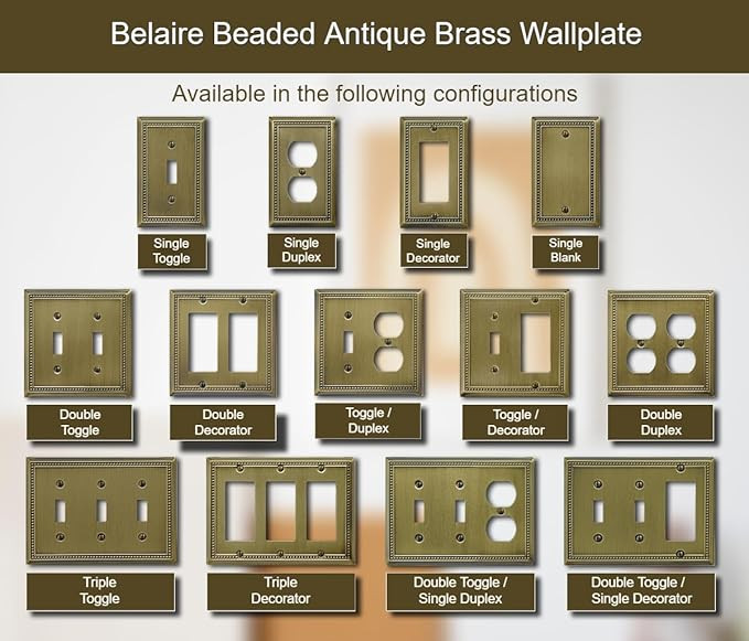 Single Duplex Outlet Light Switch Cover Belaire Beaded Metal Wall Plate, 4-Pack Antique Brass 1 G... | Amazon (US)