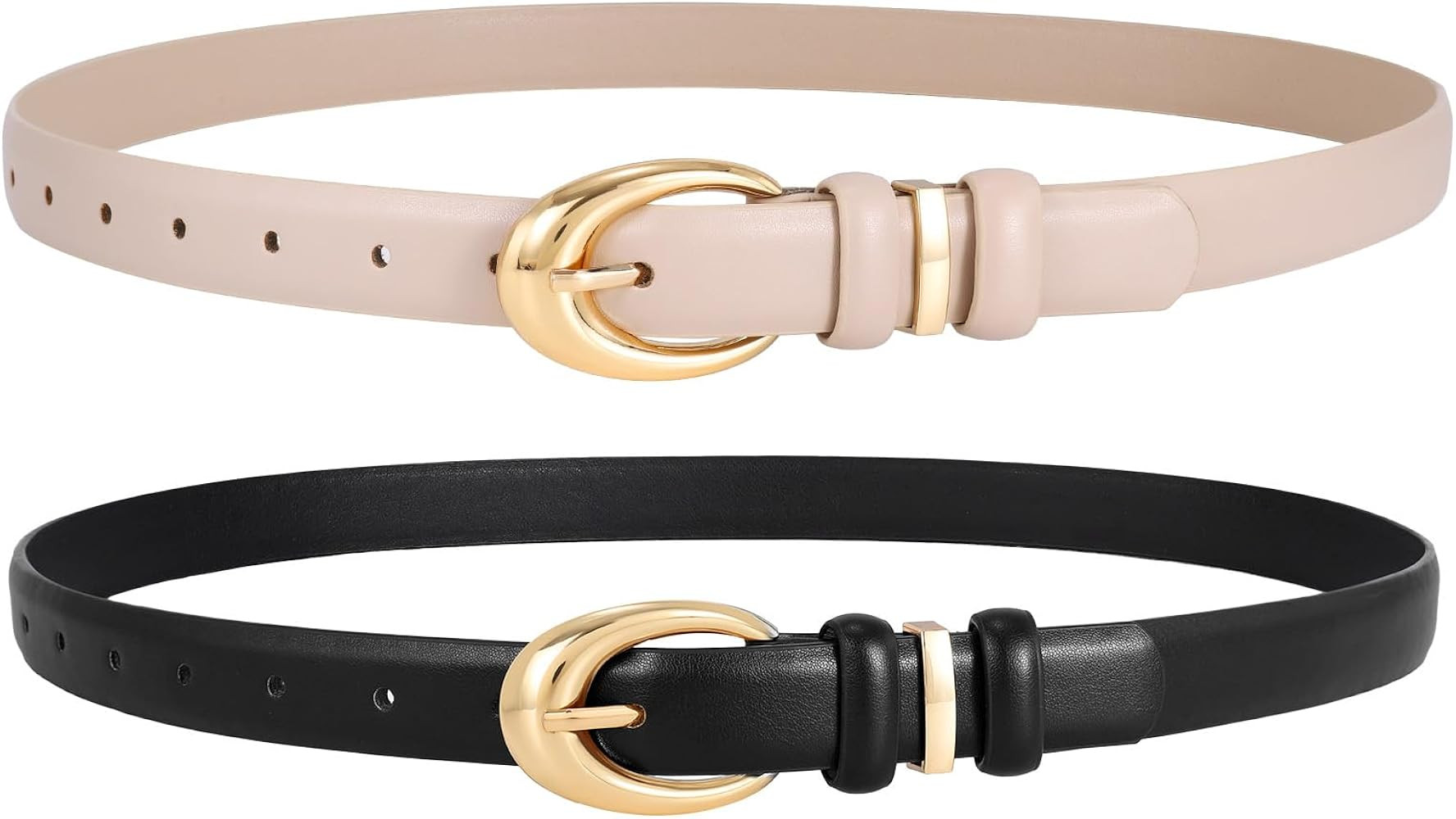 LEACOOLKEY 2 Pack Women Leather Belts for Jeans Dress Fashion Skinny Belt with Gold Silver Buckle | Amazon (US)