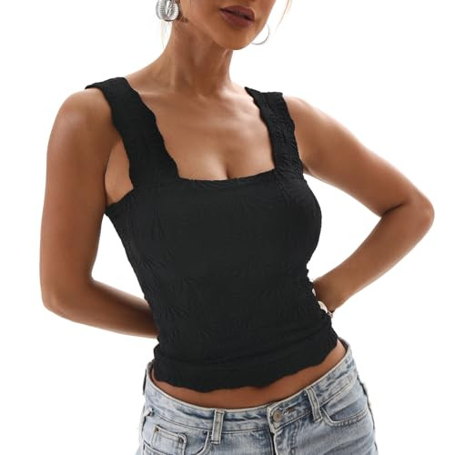 Women's Square Neck Seamless Wide Strap Crop Tank Tops,Slim Fit Flower Lettuce Trim Crop Cami Top... | Amazon (US)