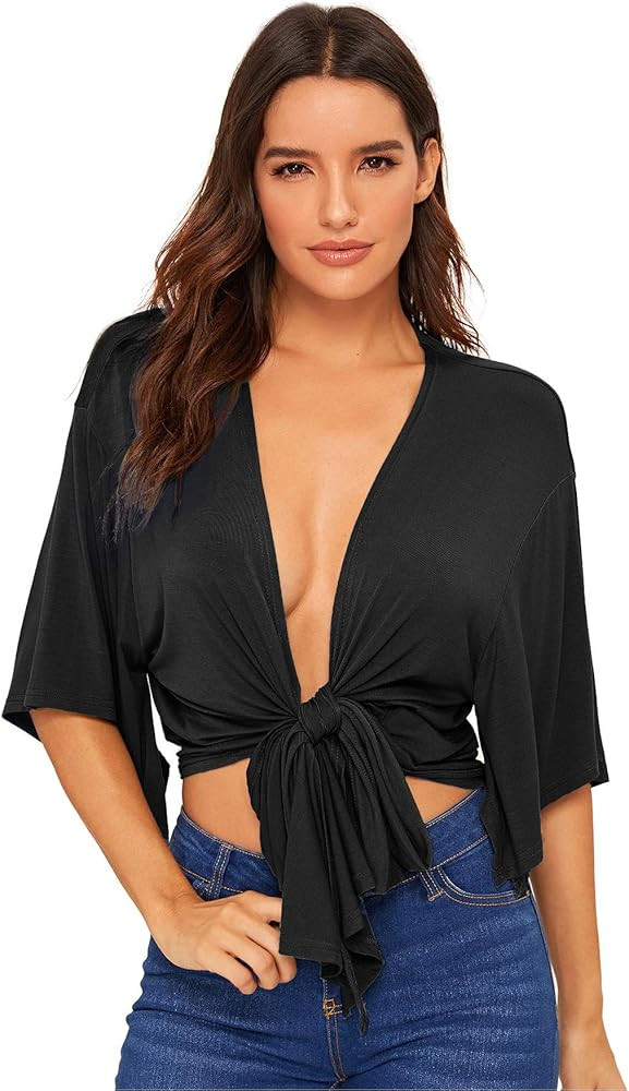 Women's Short Sleeve Deep V Neck Tie Front Basic Solid Crop Top | Amazon (US)