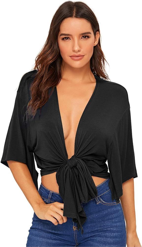 WDIRARA Women's Short Sleeve Deep V Neck Tie Front Basic Solid Crop Top | Amazon (US)