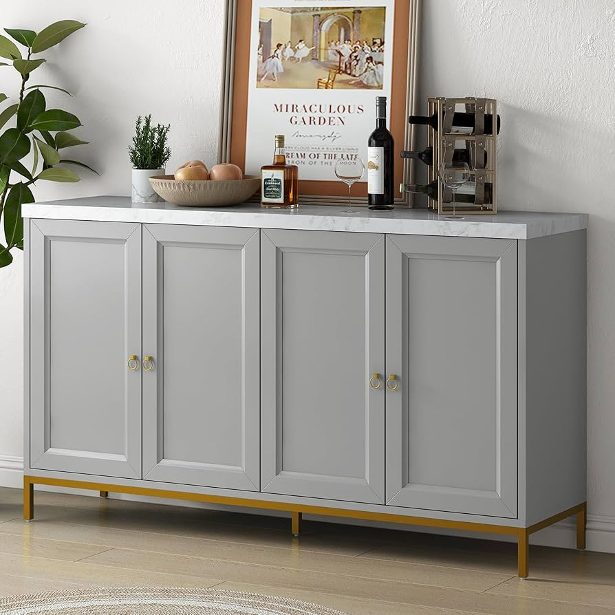 Amposei Modern Sideboard Buffet Cabinet 4-Door Kitchen Storage Cabinet Console Cabinet with Faux ... | Amazon (US)